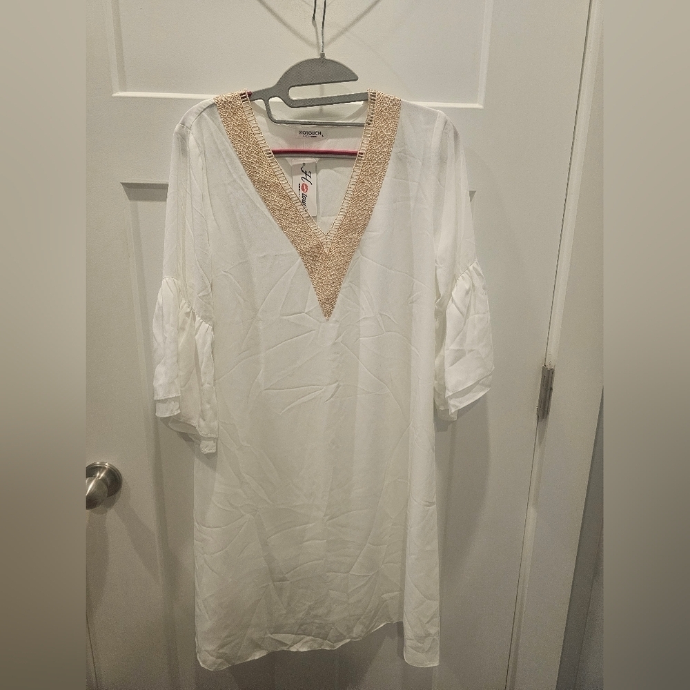 Hotouch White Crochet V-Neck Bell Sleeve Tunic Dress Women’s Small NWT